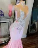 Long Pink Mermaid Prom Dresses 2024 Luxury Sparkly Beaded Diamond Rhinestones Evening Gown Black Girl Prom Gala Gowns Robes