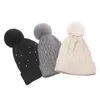 Bérets perle sertissage couleur unie femmes pompon chapeau garder au chaud mode rayure tricot hiver casquette de ski bonnet