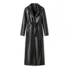 Mulheres de couro moda feminina imitação preto trench coat vintage manga longa bolso all-match casual feminino outerwear chique casaco