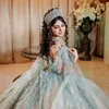 Light Green Champagne Glitter Crystal Sequined Ball Gown Quinceanera Dresses With Cape Beading Tull Corset Vestidos De 15 Anos