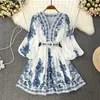 Womens Bohemian Dress 2023 Spring/Summer Printed Long Lantern Sleeves V-Neck Tight Corset Ultra thin Button Fold Dress Womens Vacation Dress 240223