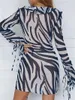 Vestidos casuales Mini vestido de playa de manga larga con rayas de cebra Fiesta de vacaciones Cuello de volantes Atar las mujeres cortas Sexy A-Line