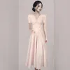 Бальные платья JSXDHK 2024 Элегантное летнее розовое платье с пышными рукавами, длинные платья, шикарные модные женские туфли с v-образным вырезом и тонкой талией, женское офисное бальное платье Vestidos