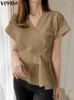 Women's Blouses VONDA Women Ruffled Blouse 2024 Summer Sexy V Neck Tops Solid Color Tunic Elegant Bleted Office OL Shirts Casual Blusas