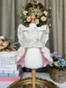 Hundkläder Pure Cotton Pet Clothes Pink White Flower Print Bow Party Wedding Princess Dress For Small Medium Poodle Puppy kjol