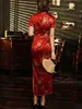 Vintage Floral Print Red Bridal Cheongsam Qipao Dress Mandarin Collar Keyhole Short Sleeve Chinese Style Party Dress