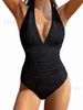 Kvinnors badkläder 2023 Sexig veckad hög midja bikini Kvinnor Sexig V-ringad baddräkt Triangel Cup Solid Color One Piece Swimsuit T240222