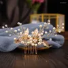 Fermagli per capelli Pettine color oro Design a foglia Accessori donna Perle Gioielli floreali Barrette Copricapo da sposa per sposa