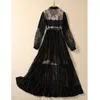 Casual Dresses 2024 Women Clothes Black Lace Overlay Tie Bow Collar Long Sleeve Ankle Length A Line Brand Dress With Leather Belt S-XXL