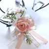 Charm Bracelets Pink Floral Wrist Corsage Decor Ribbon Rose Bridesmaid Groom Wedding Boutonnieres Marriage Prom Accessories Decoration