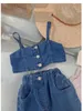 Set di abbigliamento Moda estiva Neonate Blu senza spalline senza maniche Top in denim Jeans larghi Bambini 2 pezzi Abiti Bambini Pantalone 2-8 anni