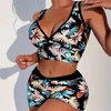 ARXIPA Sexy Sport-Bikinis, zweiteiliger Badeanzug für Damen, tiefer V-Ausschnitt, Badeanzug, gepolstert, Push-up, Strandmode, Jungen-Shorts, Blumendruck, bauchfreies Oberteil, rückenfrei