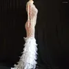 Sahne Giyim Tüy uzun elbise Lüks Kostüm Dansçı İnci Partisi Doğum Günü Pography Kadın Şarkıcı Kıyafet