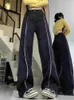 Damen Jeans Schwarz Für Frauen Denim Hosen Quaste Gestreift Hohe Taille Streetwear Breites Bein Mode Vintage Gerade Mopp