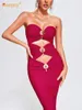 Casual Dresses Modphy 2024 Women's Deep Red Sexy Hollow Metal Ring Strapless Backless Bodycon Bandage Dress Elegant Celebrity Party Clothes