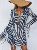 Casual jurken Zebra-gestreept mini-strandjurk met lange mouwen Vakantiefeest Ruche kraag Vastgebonden korte dames Sexy A-lijn