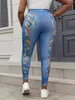 Pantaloni Plus Size Elasticità da donna Skinny Knit Sport Imitazione Jeans Design Back Ribbon Strap Graphics Leggings Pantaloni casual