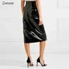 Skirts Skorts Sexy Black Split Slit Patent Leather Midi Skirt Women High Waist Knee Length PVC Elegant Office Ladys Latex Custom YQ240223