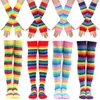 Frauen Socken Regenbogen Gestreifte Handschuhe Set Oberschenkel Hohe Armstulpen Fingerlos Für Motto Party Cosplay