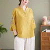 Blusas femininas moda vintage 3/4 manga algodão linho bordado camisa verão casual feminino botão emendado cor sólida topos