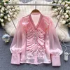 Women's Blouses Office Lady Autumn Chic V-Neck Ruffles White Chiffon Shirt Long Sleeve Single-Breasted Loose Pink Tops 6 Colors