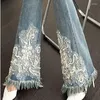 Jeans pour femmes perles broderie fleur évasée femme gland maigre denim pantalon ladie slim mujer mode bling boot-cut pantalon push up