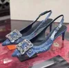 Sommarkristall-utmärkt denim Sandal stor knapp Cleo Rhinestone Dekorativ 6cm kattunge häl klänningskor lyx spänne kvinnor tillbaka remmar kvällskor med