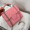 Luxury Leather Handle Designer Handbag Fashionable Women New Color Blocking Diamond Lattice Chain Bag Double Letter High Quality Solid Shoulder