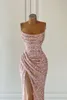 Rose Gold Pink Sequins Prom Dresses Sexy Mermaid Strapless Split High Evening Gowns African Girls Formal Party Occasion Gowns Custom Made BC15182