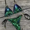 Bikini Seksi Mayo Halter Mayo Mayo Takım Kadın Bling Pullu Bikini Set Plaj Giyim Damla Monokini Glitter 240219