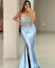 2024 ASO EBI Hell Sky Blue Mermaid Prom Kleid Perlen Blumen Abend formelle Party Zweiter Empfang 50. Geburtstag Verlobungskleider Kleider Robe de Soiree ZJ67