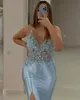 2024 ASO EBI Hell Sky Blue Mermaid Prom Kleid Perlen Blumen Abend formelle Party Zweiter Empfang 50. Geburtstag Verlobungskleider Kleider Robe de Soiree ZJ67