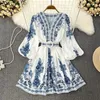 Casual Dresses Spring Summer Dress Womens Fashion Printed Lantern Sleeve High Waist V-neck Single Breasted Mini