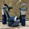 Sandals Est Light Blue Patchwrok Dark Chunky Heel Peep Toe High Platform Ankle Strap Thick Dress Shoes