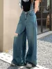 Mulheres jeans macacão retro buraco baggy estilo japonês sólida roupa suspender calças harajuku lazer versátil diário