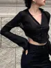 Damen-Strickjacke, schwarz, kurze Strickjacke, Damen, 2024, Frühling, Sommer, bequem, rückenfrei, Langarm-Tops, V-Ausschnitt, Vintage-Chic, Schnür-Top