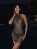 Casual Dresses Shiny Rhinestone Short Mini Dress for Women Sexig rygglös ärmlös ihålig Se genom Fishnet Party Club Evening