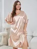 여자 잠자기 플러스 사이즈 실크 새틴 나이트 드레스 솔리드 핑크 사이드 스플릿 v 넥 파자마 주름 짧은 소매 홈웨어 나이트웨어
