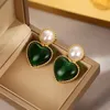 Dangle Earrings Vintage Half Simulated Pearl Big Green Heart For Women Advanced Design Retro Gold Color Young Girls Jewelry N652