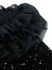 黒いスパンコールパーティードレスフリルメッシュスプライシングカブスラッシュネック半袖プラスサイズの女性ドレスリアル写真