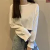 女性用Tシャツソリッド長袖Tシャツ女性ベーシッククロップトップシンプルオールマッチルーズ日本語スタイルの因果Tシャツ女性デイリーウルツァン