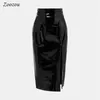 Skirts Skorts Sexy Black Split Slit Patent Leather Midi Skirt Women High Waist Knee Length PVC Elegant Office Ladys Latex Custom YQ240223