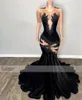Sexy Black Lace Appliques Mermaid Black Girl Prom Dress 2024 Velvet Beads Sheer Mesh Graduation Formal Party Evening Gowns Robe De Bal 0223