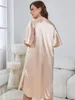 Damen Nachtwäsche und Größe Seiden Satin Nachtkleid Solid Pink Side Split v Hals Pyjama gekräuselt kurze Ärmel Homewear Nightwear