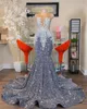Glitter Silver Mermaid Prom Dresses Luxury Sheer Neck Applique Crystal Pärled Sequin Party Gowns Evening Gowns Robe BC15713