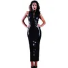 Vestidos casuais fora do ombro lápis vestido brilhante pvc mulher sexy látex couro bodycon gola alta com zíperes frontais bandagem