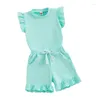 Ensembles de vêtements pour bébés filles, Shorts d'été, tenues en dentelle, manches à volants, T-shirt, pantalons courts, couleur unie