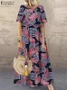 فساتين الحفلات 2024 Zanzea Vintage Summer Women Dress Fress Short Sundress Robe Femme Bohemian Maxi Long Vestidos
