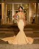 2024 Sexy Black Girls Gold Mermaid Prom Vestidos Illusion Corpete Sheer Neck Mangas Frisadas Strass Apliques Longos Vestidos de Festa de Noite BC18161 0223