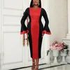 Casual Dresses Elegant Bodycon For Women Round Neck Flare Sleeve Patchwork Sheath Package Hips Mid Calf Luxury Birthday Party Dress